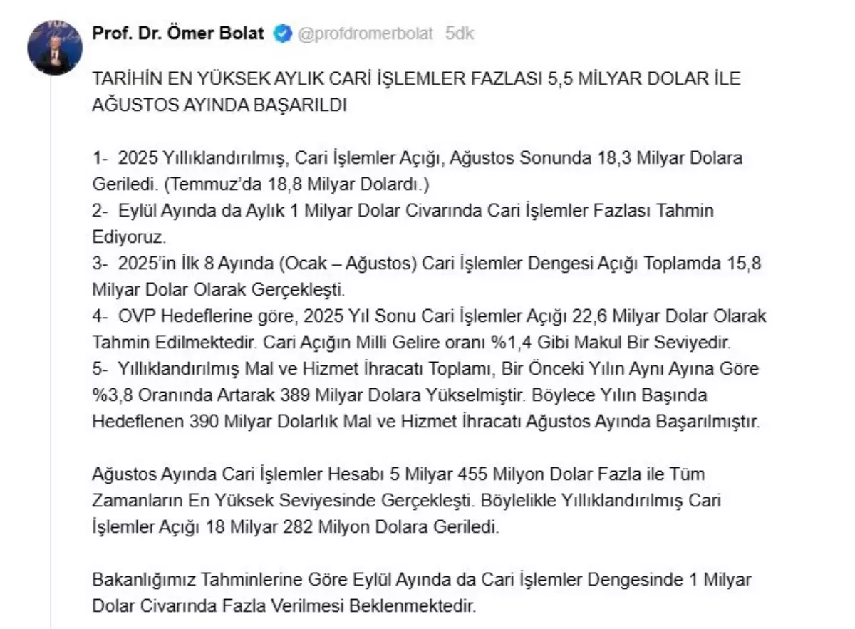 Ağustos Ayında Cari İşlemler Fazlası Tarih Yazdı